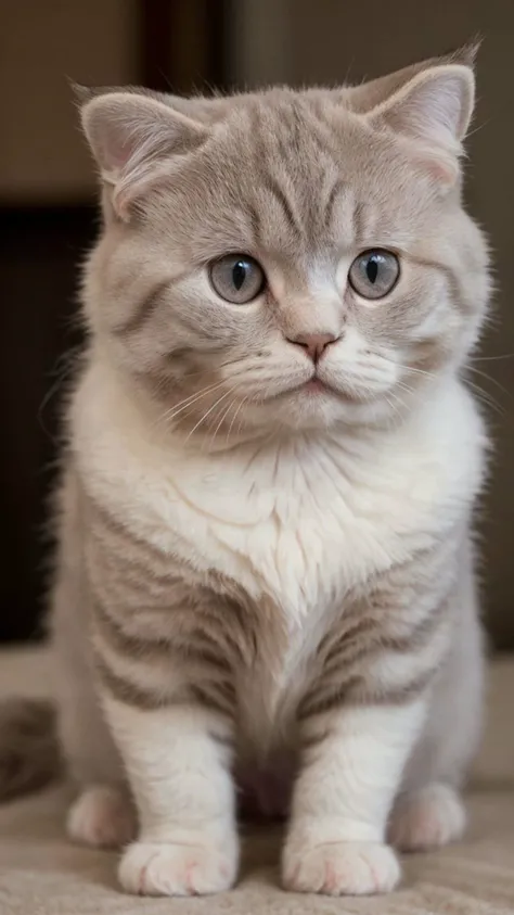 charming scottish fold kitty, nervous demeanor, folded ears, round eyes, twitchy tail, soft pastel fur, sweet anxiety, gentle disposition, perfect lighting, perfect shading