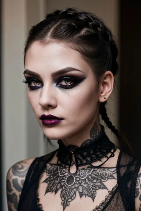 an eye contact of a goth punk girl, fear, setting powder, Intricately designed, glitter eyeliner, sheer lipstick, radial balance, Doe-eyed look, Thin eyebrows, French braid hair cut, espresso skin color, edge lighting, vignette, <lora:punk_v0.2:1>