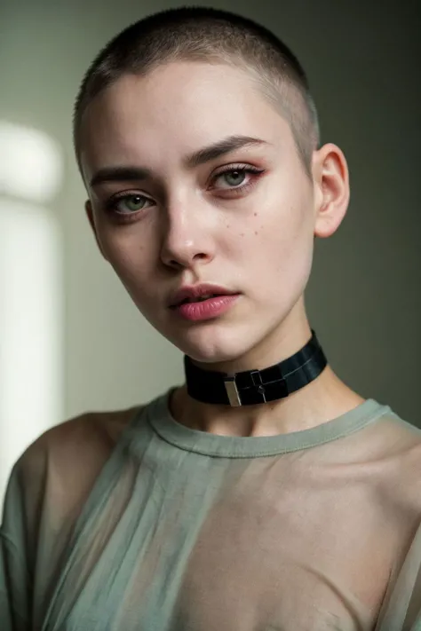 raw photo, a cute furled brow girl, silver buzz cut, 28 years old, lip liner, liquid eyeliner, rough, choker, realistic skin texture, oversize t-shirt, (Spring Green:0.8), softcore, cold lighting, morbid atmosphere, trending on Pixiv style, fashion (spring:1.1), (nsfw:0.9), highly detailed photography, (muted colors, cinematic, dim colors, soothing tones:1.2), vibrant, insanely detailed, hyperdetailed, (dark shot:1.2), (vsco:0.3)