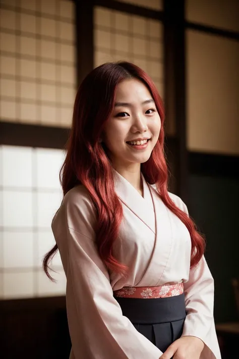 moody instagram photo, lower body photo of a korean woman, 21yo, from below, (wearing a traditional kimono:0.9), [two-toned blossom red | pink hair:20], color gradient, bright tips of hair, Tawny skin, happy, cute smile, hard shadows, dark, overexposed filter, (dramatic lighting:0.7), Finely Articulated, Crisp Definition, 35mm photograph
