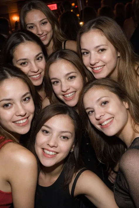 club photograph, from above, a woman having fun with their friends, completely different looks, wearing fashion outfits, [brown | red | blonde | black hair:10], drunk, cute, happy hour, slightly sexual, direct flash photography