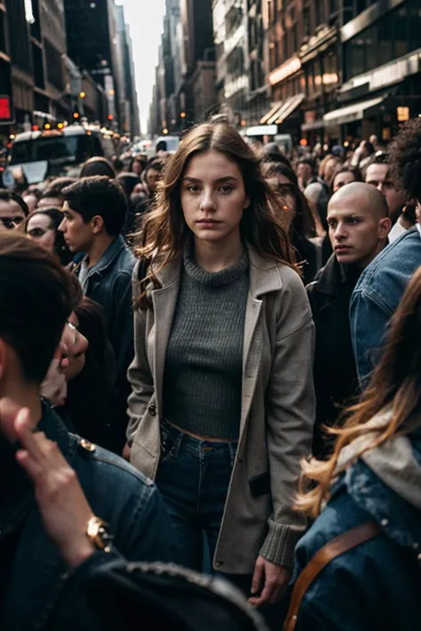 stunningly beautiful young woman,surrounded,crowd,people,chaos,surprised,backlight,contrast,New York street,fashion,jeans,jacket,sweater,