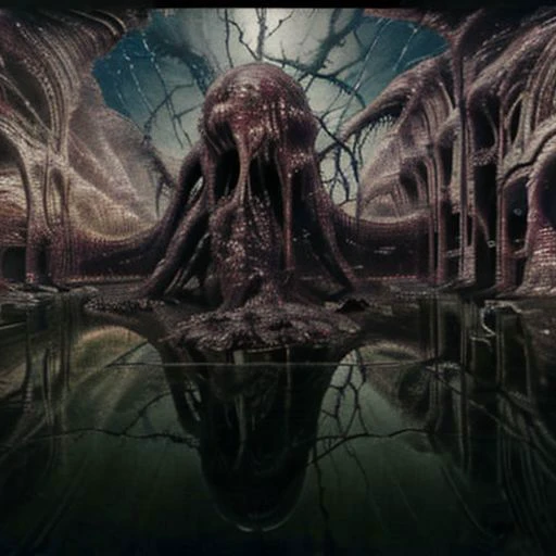 (((hyper-realistic detail in textures, reflections, and lighting, with sharp focus, deep contrasts, and rich full colors:1.2))). The image should be noise-free, artifact-free, suitable for large-scale printing, and have a resolution of at least 9000 DPI. a world embodying eerie (((organic gore:1.2))) elements intertwine with ((surreal horror:1.9)). The landscape features structures resembling a (((fusion of flesh, bone, and steel:1.2))). Colossal edifices, skeletal and industrial in design, tower against a crimson-grey sky. The ground is a grotext network of roots and cables, connecting all in a living system. A monstrous entity, the Leviathan of Scorn, roams this desolation, a blend of muscle, metal, and cables, with a (head of both organic and mechanical horror). Smaller creatures, (malformed humanoids merged with machinery), skulk in corridors. The world's heart, a construct, pumps life-giving fluid, sustaining and consuming life. Ruins of a once-thriving civilization, blending sickly greens and metallic sheens, tell a silent story of catastrophic fusion. This landscape challenges life and artificiality, a haunting reflection beyond human understanding