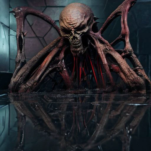 (((hyper-realistic detail in textures, reflections, and lighting, with sharp focus, deep contrasts, and rich full colors:1.2))). The image should be noise-free, artifact-free, suitable for large-scale printing, and have a resolution of at least 9000 DPI. Visualize a world where eerie organic gore elements (weight: 1.2) intertwine with a heightened sense of surreal horror (weight: 1.9). The landscape showcases structures that are a haunting fusion of flesh, bone, and steel (weight: 1.2). Massive edifices, both skeletal and industrial, loom against a crimson-grey sky, while the ground is a grotesque network of pulsating roots and cables, forming a living system. Dominating this desolate land is the Leviathan of Scorn, a monstrous entity, a terrifying blend of muscle, metal, and cables, with a head that embodies organic and mechanical horror. Lurking in the shadows are smaller creatures, malformed humanoids fused with machinery (weight: 2.0), haunting the corridors. At the center, the world's heart, a biomechanical construct, pumps a vital fluid, a dual force of sustenance and destruction. The ruins of a lost civilization, with their sickly green hues and metallic sheens, narrate a silent tale of catastrophic fusion. This landscape is a challenge to the concepts of life and artificiality, a chilling and thought-provoking reflection on the limits of human comprehension."