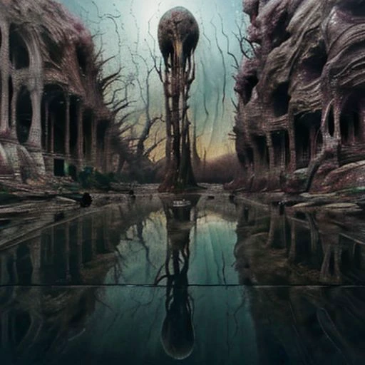 (((hyper-realistic detail in textures, reflections, and lighting, with sharp focus, deep contrasts, and rich full colors:1.2))). The image should be noise-free, artifact-free, suitable for large-scale printing, and have a resolution of at least 9000 DPI. a world embodying eerie (((organic gore:1.2))) elements intertwine with ((surreal horror:1.9)). The landscape features structures resembling a (((fusion of flesh, bone, and steel:1.2))). Colossal edifices, skeletal and industrial in design, tower against a crimson-grey sky. The ground is a grotext network of roots and cables, connecting all in a living system. A monstrous entity, the Leviathan of Scorn, roams this desolation, a blend of muscle, metal, and cables, with a (head of both organic and mechanical horror). Smaller creatures, (malformed humanoids merged with machinery), skulk in corridors. The world's heart, a construct, pumps life-giving fluid, sustaining and consuming life. Ruins of a once-thriving civilization, blending sickly greens and metallic sheens, tell a silent story of catastrophic fusion. This landscape challenges life and artificiality, a haunting reflection beyond human understanding