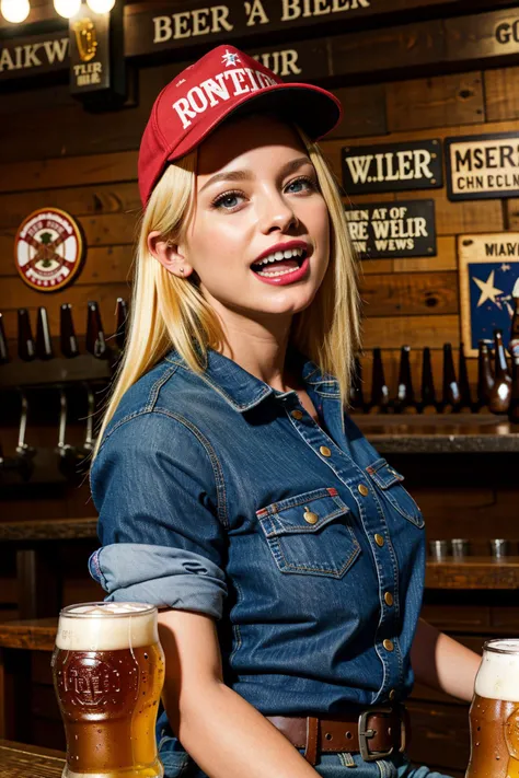((vibrant, photo realistic, realistic, dramatic, sharp focus, 8k)), (Masterpiece, best quality), cinematic composition,
18ao (stunningly cute), beautiful face, detailed skin, detailed, detailed face, big bright eyes, pink-lip,
(dynamic angle), 
white American Southern Rockstar thug girl,
very cute and beautiful,
platinum blond highly detailed hair,
big-breasts-perky, Laughing with an open mouth, Protruding teeth, patriot, MAGA,
baseballcap, Red checkered flannel shirt, straight jeans, brown Leather belt and BIG buckle,
Taken at a tavern in rural Mississippi, (drinking beer:1.4),