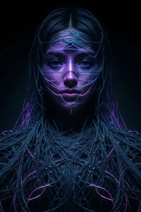 (8k, RAW photo, highest quality), Abstract style mysterious figure emerges from the shadows in a tangled mess of iridescent wires and glowing mesh, face hidden behind layers of glitched wavy distortions, non-representational, colors and shapes, expression of feelings, imaginative, highly detailed