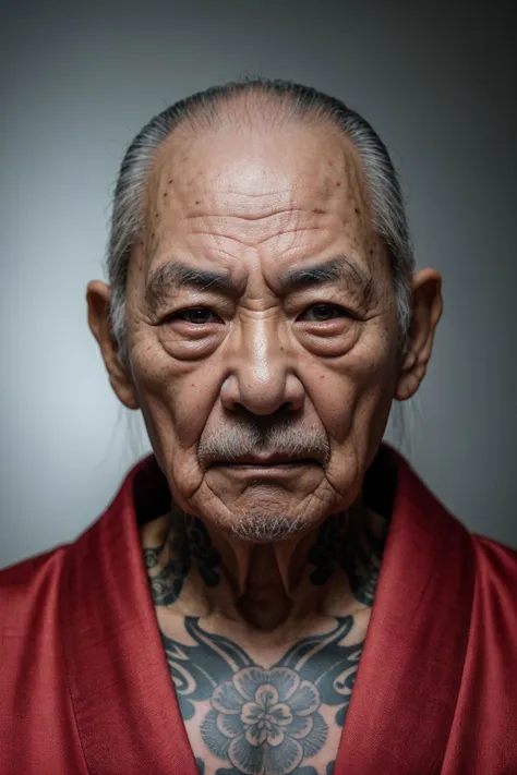 (8k, RAW photo, highest quality), an old wisely grandpa, former yakuza, wearing a kimono, dangerous looking, tattoos, skin pores, skin blemish, extremely high-resolution details, photographic, realism pushed to extreme, fine texture, 4k, ultra-detailed, high quality, high contrast