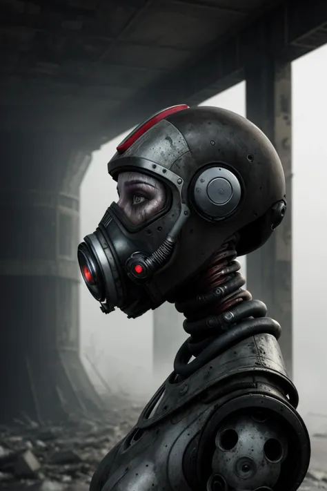 best quality, (post-apocalyptic_cyberrealism:1.4), (amazing intelligent the biorobot-woman who sees right through your soul), detailed, intricately elaborate, 8k resolution, to the depths of the soul, ((contact shadows, diffuse shading)), deep colors, cinematic lighting, amazing masterpiece, ultra-detailed eyes, slicked neat short hairstyle, toned face, (radioactive rain, fog); on distance, destroyed megatower in the background, (strange respirator), in Giger style, voyeurism, everything is grooved