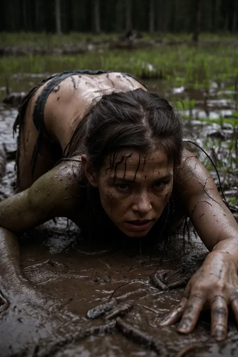 (8k, RAW photo, highest quality), hyperrealistic survival photography of Norwegian woman crawling in a deep swamp, covered in mud, torn dirty clothing, muddy, dirty, skin pores, pores, dark mist