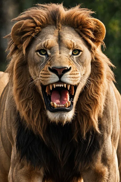 close-up photo portrait of a great red lion, blue eyes, very long lion's mane, roaring, open mouth, fangs, animal, no humans, simple background