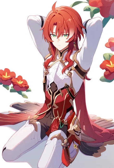 score_9,argenti \(honkai star rail\),1boy,male focus,solo,ahogekneeling, arms behind head, seiza,solo,looking at viewer,flower,full body,simple background,white background,score_9,<lora:pony_char_argenti_(honkai_star_rail)-000036:1>