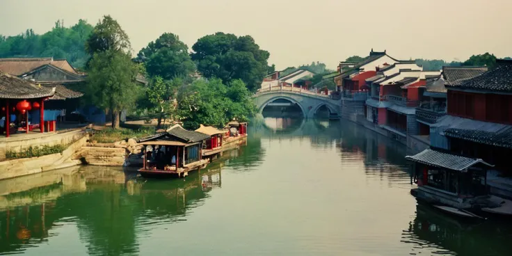 4k,realistic,photograph,analog film photo Deep photo,ferrania p30 film,Kodachrome,grainy,chinese style,daytime,sunny,
a beautiful chinese town,trees,river,bridge,
east asian architecture,<lora:east_asian_architecture:0.85>,