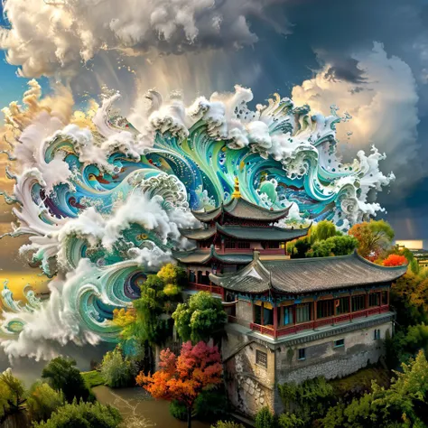 Zentagle extreme effect, surrealism, ((A Pillow of Winds)), artwork by de es, landscape with Variegated splashes of color, fantastical surrealist, elegant, storm clouds, beautiful high-definition by Daniel Merriam, Ivan Bilibin, Ernst Haeckel, Joe Fenton, Alphonse Mucha, Tending on Artstation   <lora:xl_more_art-full_v1:0.8> <lora:east_asian_architecture:0.8> east asian architecture