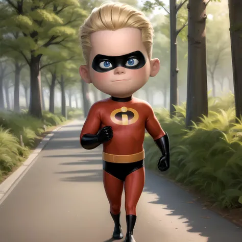 ((masterpiece, best quality)),solo,full body,1boy, blonde hair, bodysuit , domino mask, dash parr, blue eyes, superhero, <lora:DashParr1-606:0.6>, walking, forest