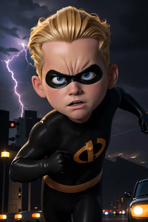 masterpiece, best quality, close-up, dash parr, young boy, golden-blonde hair, blue eyes, dark black body suit, running fast, domino mask, (very angry), (night-time city), ((surrounded by lightning energy)) raining, <lora:DashParr1-606:0.7>