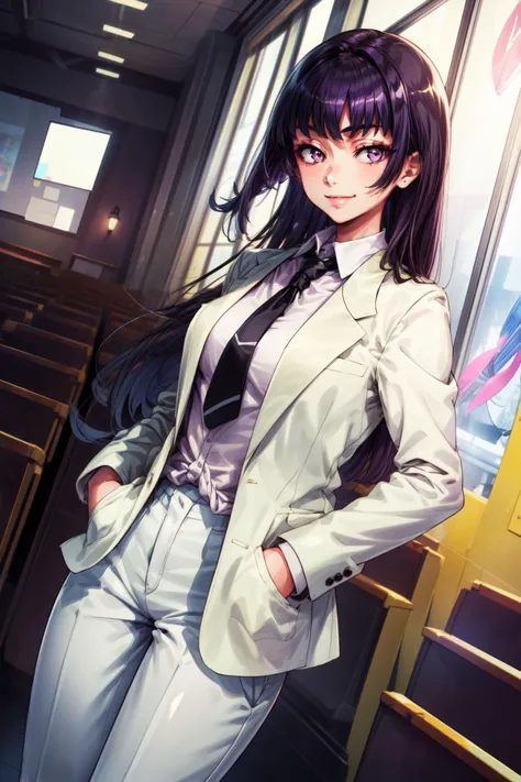 masterpiece,best quality,1girl,mature female,umifeatherine,long hair,purple hair,hime cut,purple eyes,white business suit,white pants,necktie,(half-closed eyes:0.8),standing,hands in pockets,auditorium,light smile,indoors,cowboy shot,dutch angle,<lora:umi_featerine:0.7>,<lora:Concept-control tool-add_detail-CyberAIchemist:1>,