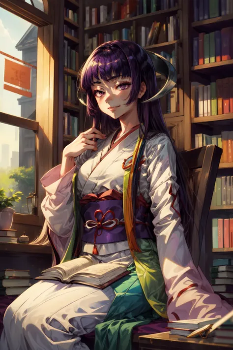 masterpiece,best quality,1girl,umifeatherine,long hair,purple hair,hime cut,purple eyes,horn,green sash,japanese clothes,light smile,(half-closed eyes:0.9),sitting,((bookshelf)),indoors,<lora:umi_featerine:0.9>,<lora:Concept-control tool-add_detail-CyberAIchemist:1>,