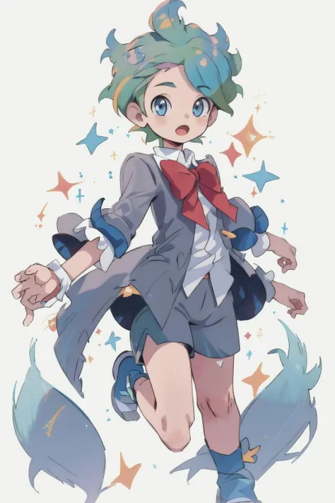 masterpiece,best quality,1boy,smile, pop, fancy, stylish pose, jump, dynamic, <lora:WallyLora:1>, wally \(pokemon\), dark grey shorts, dark grey coat, red bow, solo, thick thighs, ((colorful)), looking at viewer, white background, :o, pose, sparkles, blue eyes