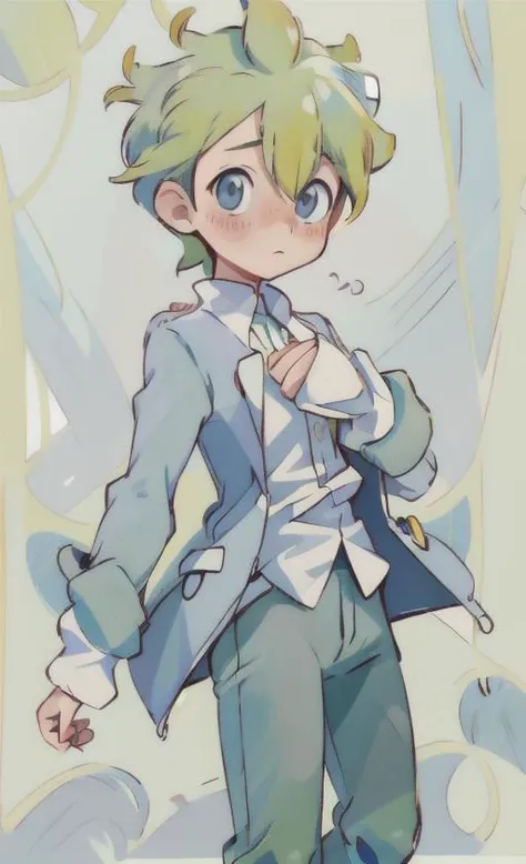 masterpiece, best quality, 1boy, cute, shy, <lora:WallyLora:1>, wally \(pokemon\), boy, ((blush)), pop, light green hair, blue eyes, light green pants, white shirt, grey jacket, solo, thin waist, ((colorful)), looking at viewer