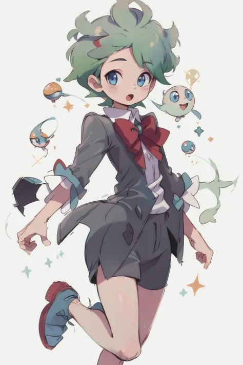 masterpiece,best quality,1boy,smile, pop, fancy, stylish pose, dynamic, <lora:WallyLora:1>, wally \(pokemon\), (dark) grey shorts, (dark grey coat), red bow, solo, ((colorful)), looking at viewer, white background, :o, pose, sparkles, blue eyes, light green hair, (black buttoned shirt), jump