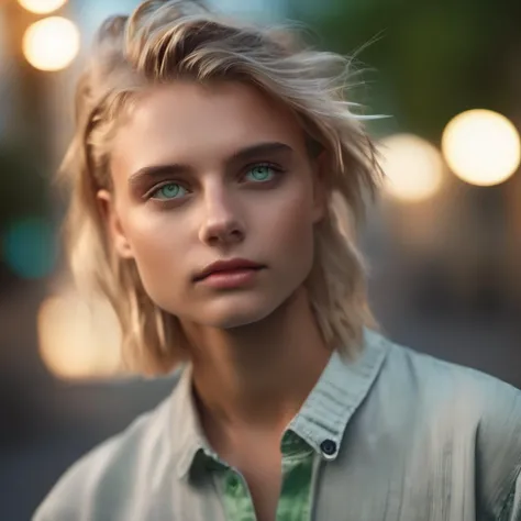 <lora:svenjajung_xl_lora-000054:1> fashion photo, Realistic 8K portrait: A young tomboy, blonde, short hair, green eyes, fashion clothing; dramatic lighting, cinematic colors; hyper-above, hi detail, sharp focus, perfect lighting, awesome, dslr, 4k high quality. extra detail, extra sharp, magical, perfect moment, natural skin, pores