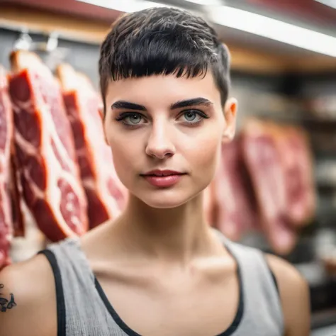 <lora:svenjajung_xl_lora-000054:1> a beautiful woman, 26 years old, with a crew cut hairstyle with black fade hair and bangs!!!!!!, in a Paris butcher shop, surrounded by hanging meat, (high detailed skin:1), 8k uhd, dslr, soft lighting, high quality, film grain, Fujifilm XT3, hi detail, sharp focus, perfect lighting, awesome, dslr, 4k high quality. extra detail, extra sharp, magical, perfect moment, natural skin, pores