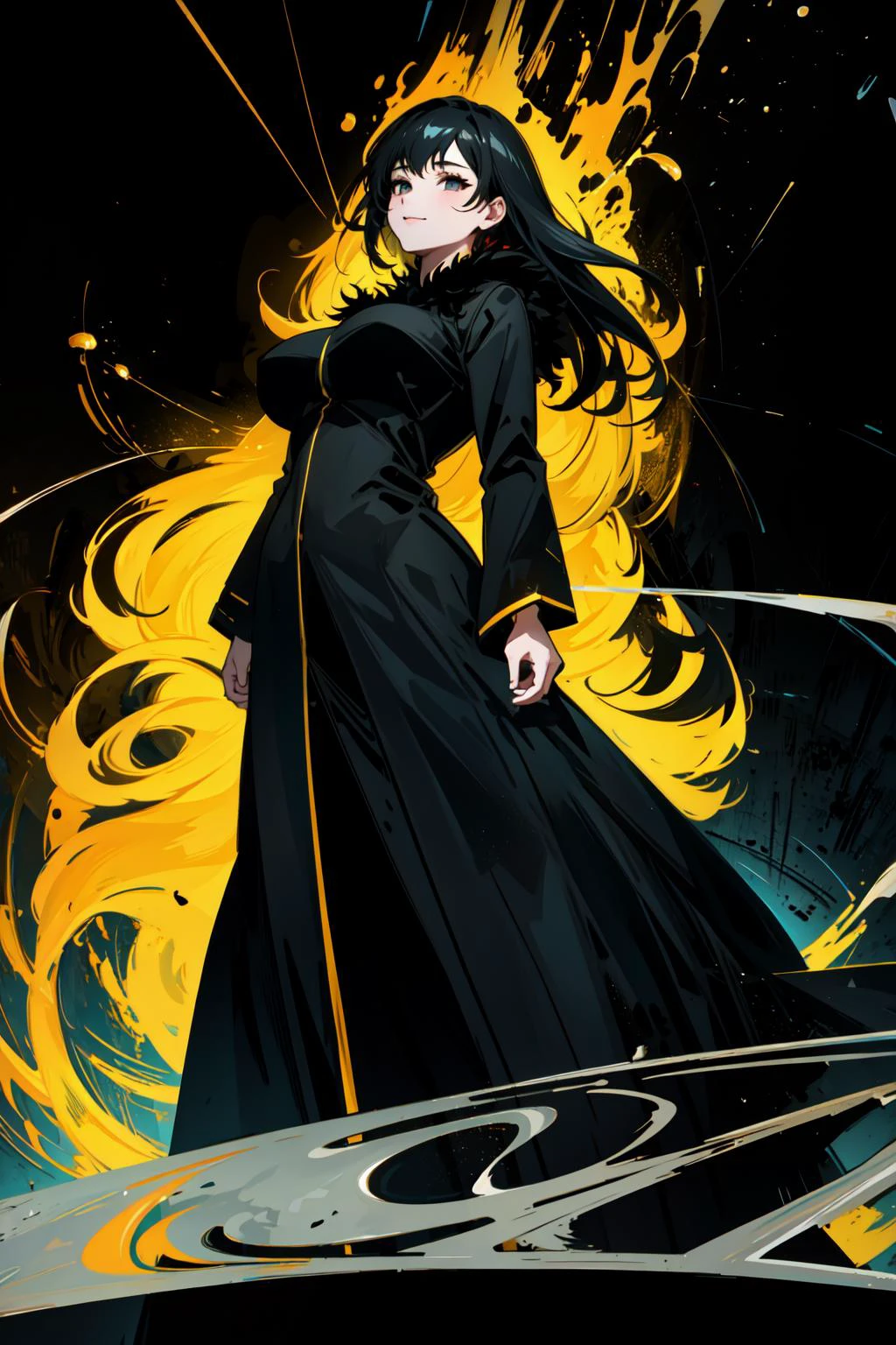 (from below:1.4),soft lighting, HDR (High Dynamic Range), Maximum Clarity And Sharpness, Multi-Layered Textures,
1 girl with perfect sexy body, solo,black hair, smile , large breasts, black eyes,perfect plump ass,tight black long dress,black fur coat,black pantyhose,
(floating giant black stelae with complex and dense luminous text background: 1.4) <lora:Binah:0.8> arbiter, librarian