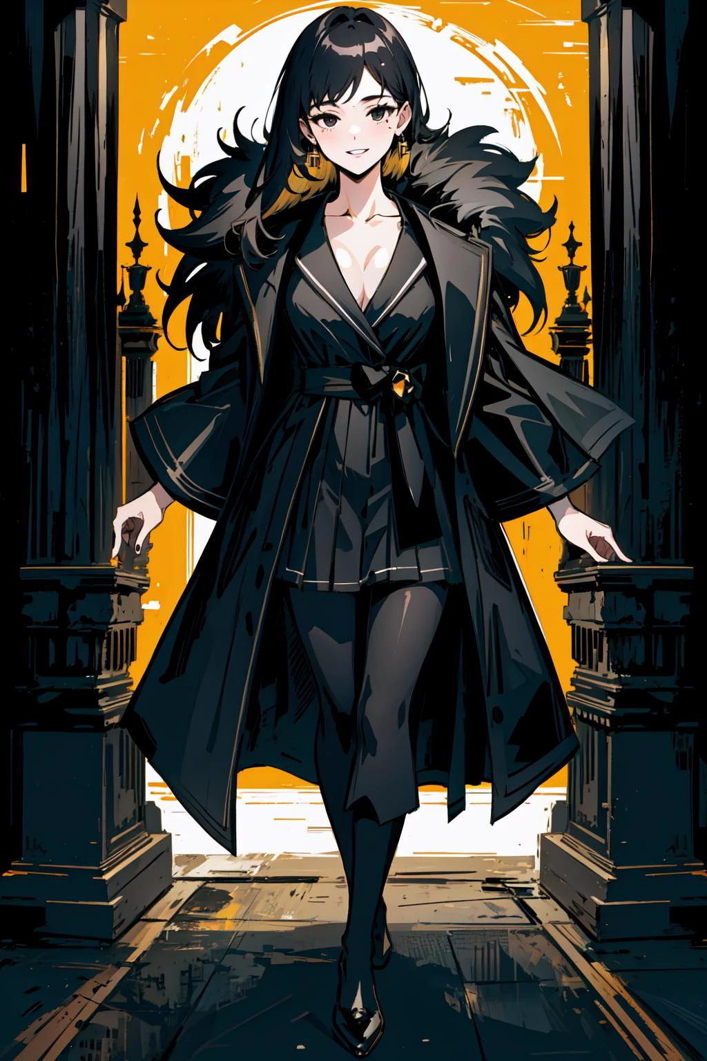 masterpiece, ultra high res, best quality,
1girl, bangs, black eyes, black footwear, black hair,fur trim black jacket, black pantyhose, coat, collarbone, dress, earrings, grin, jewelry, librarian, long sleeves, looking at viewer, medium breasts, mole, mole under eye, open clothes, parted lips, solo,
(floating black octagonal stone pillars, complex and dense luminous text: 1.3) <lora:Binah:0.9>