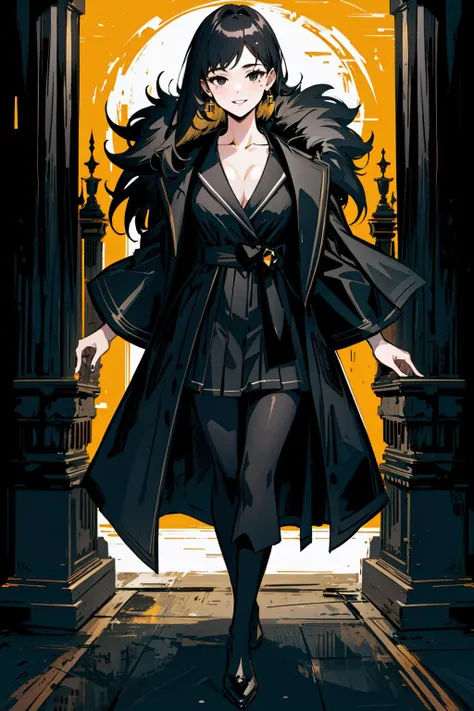 masterpiece, ultra high res, best quality,
1girl, bangs, black eyes, black footwear, black hair,fur trim black jacket, black pantyhose, coat, collarbone, dress, earrings, grin, jewelry, librarian, long sleeves, looking at viewer, medium breasts, mole, mole under eye, open clothes, parted lips, solo,
(floating black octagonal stone pillars, complex and dense luminous text: 1.3) <lora:Binah:0.9>