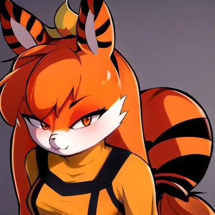 Highest quality, Highest resolution, Perfect details, Best anime style, perfect lighting, dou, 1girl, furry female, very long hair, tail, orange hair, low tied long hair, tiger ears, two tone fur, hair tie,
striped fur,