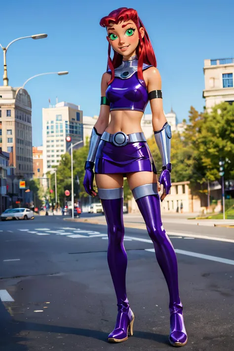 starfire, green eyes, long red hair, orange skin, purple miniskirt, purple crop top, sleeveless, bare shoulders, purple thighhighs, armlet, gloves, boots, looking at viewer, smiling, full body shot, standing, outside, city, street, blue sky, high quality, masterpiece <lora:Starfire_v3:.9>