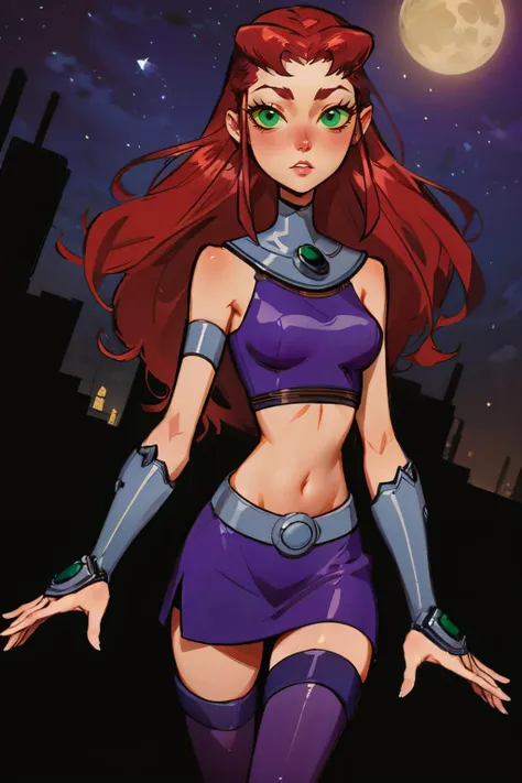 starfire, green eyes, long red hair, orange skin, purple crop top, sleeveless, bare shoulders, purple skirt, purple thighhighs, armlet, gloves, looking at viewer, serious, standing, outside, market, night time, high quality, masterpiece <lora:Starfire_v3:.9>