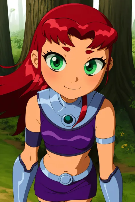 starfire, 1girl, solo, green eyes, long hair, red hair, orange skin, dark skin, dark-skinned female,
purple miniskirt, purple crop top, sleeveless, bare shoulders, purple thighhighs, midriff, armlet, gloves, vambraces,
smile,closed mouth,cowboy shot,
forest,outdoor,
(insanely detailed, beautiful detailed face, masterpiece, best quality) cinematic lighting,<lora:Starfire_v3:1>, <lora:more_details:0.3>,