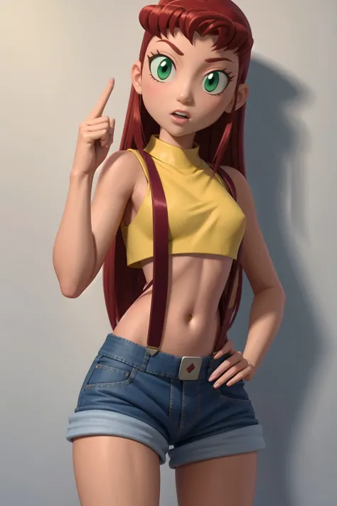 <lora:Misty_Pokemon_Cosplay_v3:0.8>,misty (pokemon) (cosplay),(yellow crop top:1.2),suspenders,denim shorts,<lora:Starfire_v3:0.6>,starfire,1girl,solo,green eyes,long hair,red hair,orange skin,dark skin,dark-skinned female,, ((masterpiece)),( best quality), 1girl,