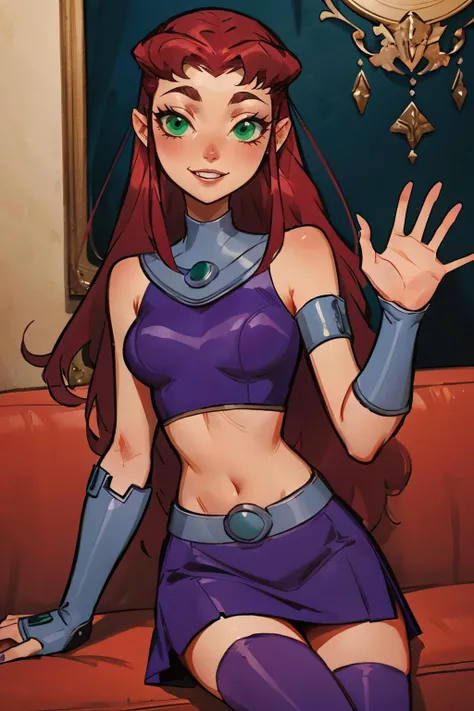 starfire, green eyes, long red hair, orange skin, purple crop top, sleeveless, bare shoulders, purple skirt, purple thighhighs, armlet, gloves, looking at viewer, smiling, sitting, on sofa, inside fancy living room, hand, waving, high quality, masterpiece <lora:Starfire_v3:.9>