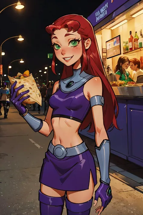 starfire, green eyes, long red hair, orange skin, purple crop top, sleeveless, bare shoulders, purple skirt, purple thighhighs, armlet, gloves, looking at viewer, smiling, happy, standing, outside, holding food, burrito,sidewalk, food truck, high quality, masterpiece <lora:Starfire_v3:.9>