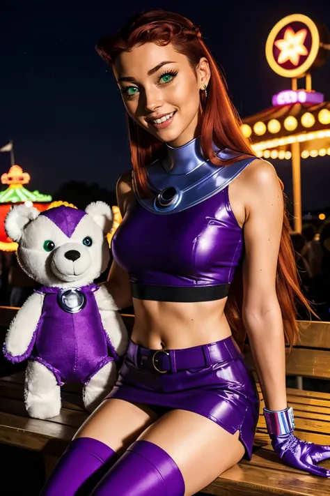 starfire, green eyes, long red hair, orange skin, purple miniskirt, purple crop top, sleeveless, bare shoulders, purple thighhighs, armlet, gloves, looking at viewer, smiling, sitting, on bench, holding large stuffed animal, outside, carnival, crown, neon lighting, night time, high quality, masterpiece <lora:Starfire_v3:.9>