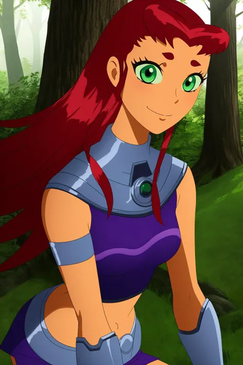 starfire, 1girl, solo, green eyes, long hair, red hair, orange skin, dark skin, dark-skinned female,
purple miniskirt, purple crop top, sleeveless, bare shoulders, purple thighhighs, midriff, armlet, gloves, vambraces,
smile,closed mouth,cowboy shot,
forest,outdoor,
(insanely detailed, beautiful detailed face, masterpiece, best quality) cinematic lighting,<lora:Starfire_v3:1>, <lora:more_details:0.3>,