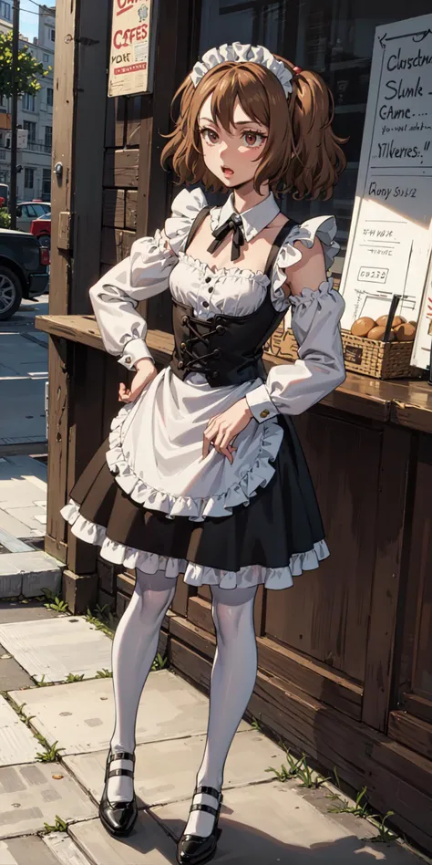 masterpiece, best quality, highres, French Maid (Early 20th Century): A (cute young girl:1.1), light skin, petite, wearing a short, black (maid dress1.2) with white lace trime, caf, <lora:Cheetah:1>