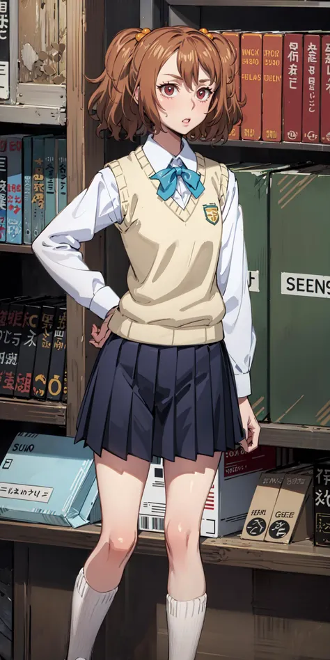 masterpiece, best quality, highres, <lora:Cheetah:1>, school uniform, sweater vest, hand on hips