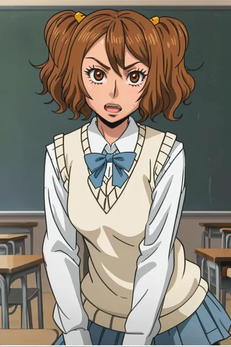 1girl, EruzaNakanishi, brown hair, short hair, solo, school uniform, sweater vest, twintails, <lora:Cheetah-000006:1>, classroom