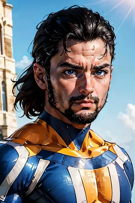 <lora:The_Immortal1:.7> immortal, muscular, black hair, black eyes, beard, bodysuit, looking at viewer,serious, close up portrait, outside, blue sky, extreme detail, masterpiece,