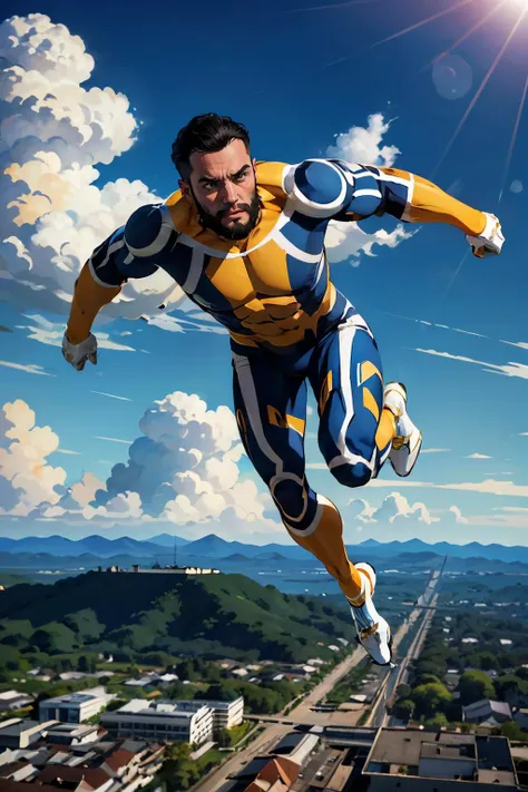 immortal, muscular, black hair, beard, bodysuit, looking at viewer, serious,flying, in air, action shot, blue sky, clouds, extreme detail, masterpiece, 