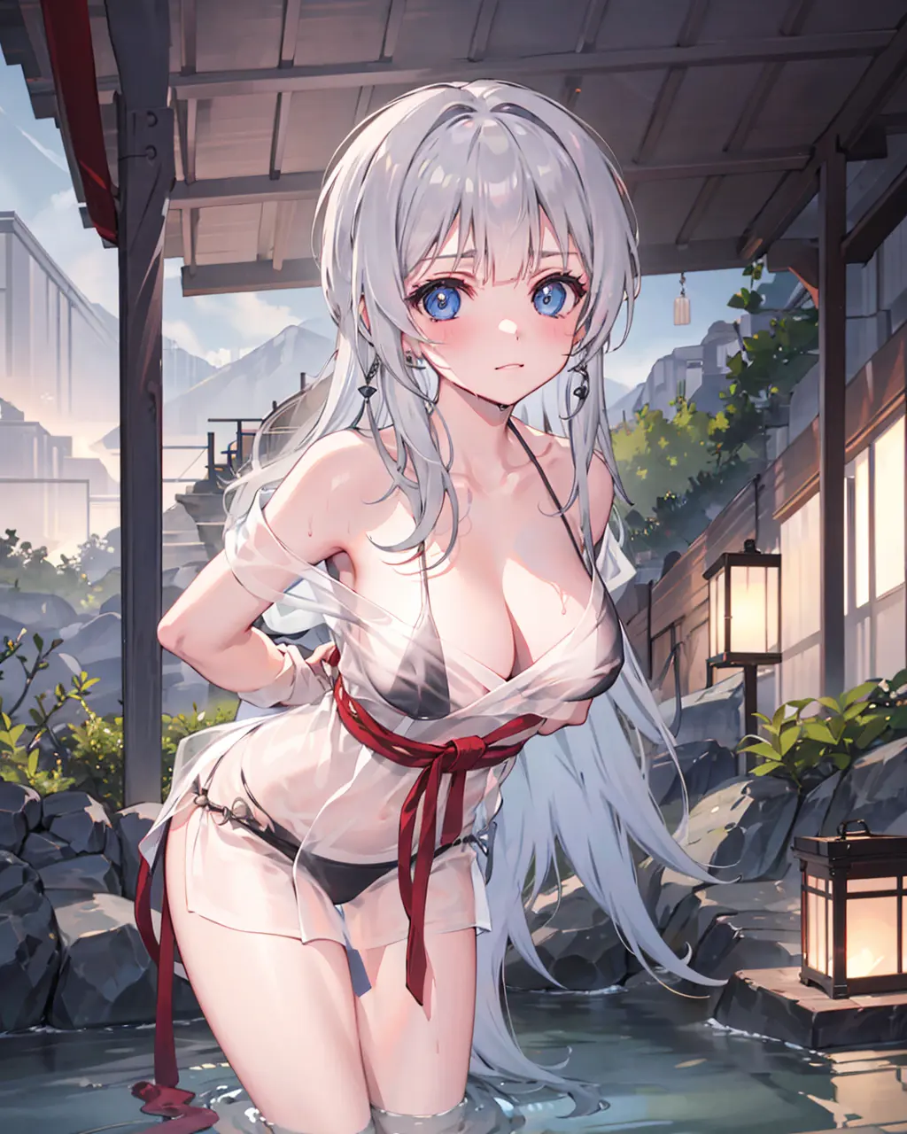 1girl,large breasts, mainzonsen, <lora:MainzV1[mainzonsen]:0.8>,indoors,(arms behind back),see-through,blush,light smile, wet,water,  leaning forward, light frown, onsen,steam,