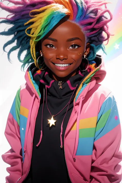 Niji Pride, 1girl, solo, blush, smile, brown hair, shirt, jewelry, blue hair, jacket, upper body, multicolored hair, earrings, green hair, teeth, dark skin, hood, necklace, star (symbol), dark-skinned female, hoodie, turtleneck, hooded jacket, black sweater <lora:nijipride:1>