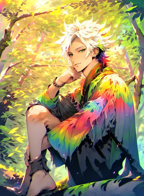 (Niji Pride, colorful light, multicolored light,) light in trees, detailed, high detail,
1boy, solo, white hair, forest,  green bushes, moss on trees, short hair, messy hair, curly hair, dark green eyes, looking around, [white robe], bare feet, ear piercing,
 <lora:nijipride:1>