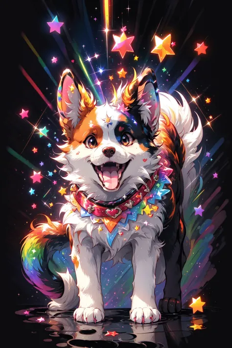 Niji Pride, solo, smile, open mouth, tail, heart, tongue, tongue out, star (symbol), collar, no humans, sparkle, fangs, looking up, dog, animal focus, sparkling eyes, fluffy<lora:nijipride:1>
