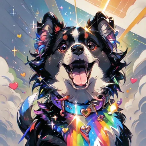 Niji Pride, solo, smile, open mouth, tail, heart, tongue, tongue out, star (symbol), collar, no humans, sparkle, fangs, looking up, dog, animal focus, sparkling eyes, fluffy<lora:nijipride:1>