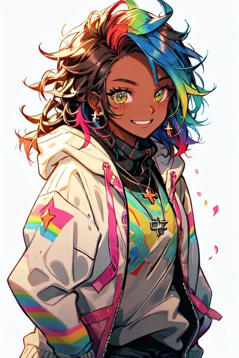 Niji Pride, 1girl, solo, blush, smile, brown hair, shirt, jewelry, blue hair, jacket, upper body, multicolored hair, earrings, green hair, teeth, dark skin, hood, necklace, star (symbol), dark-skinned female, hoodie, turtleneck, hooded jacket, black sweater <lora:nijipride:1>